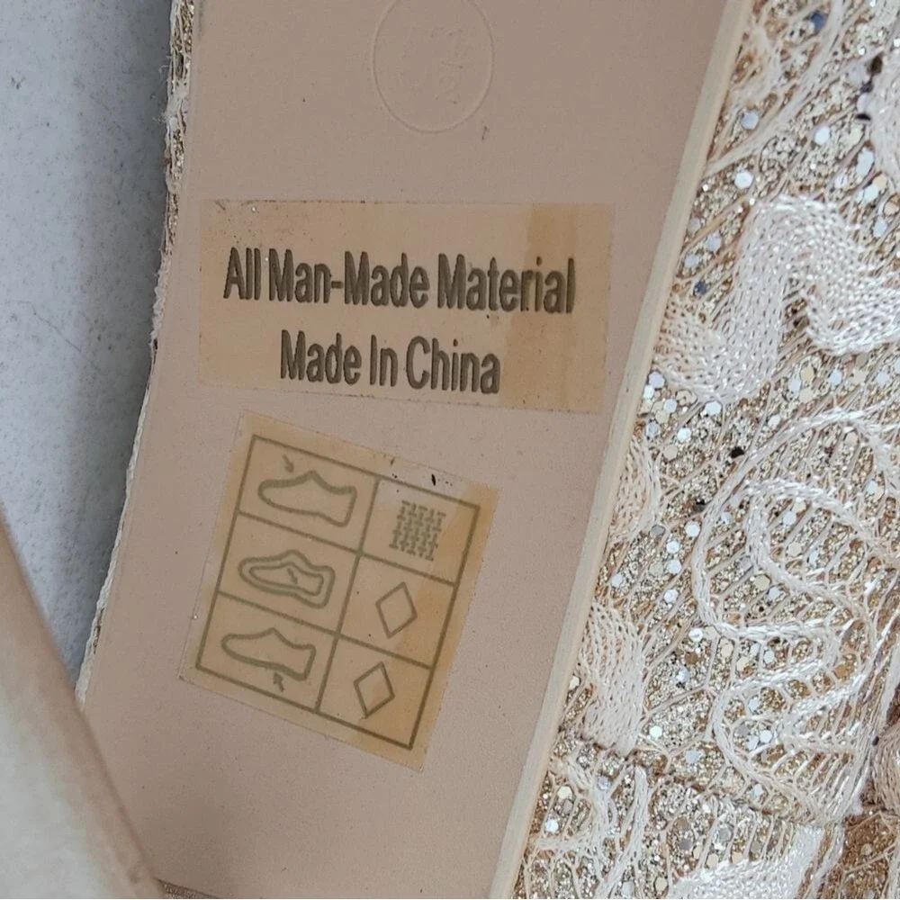 Mila Lady Fay Gold Cream Glitter Lace Platform Stiletto Heels, Sz 5.5